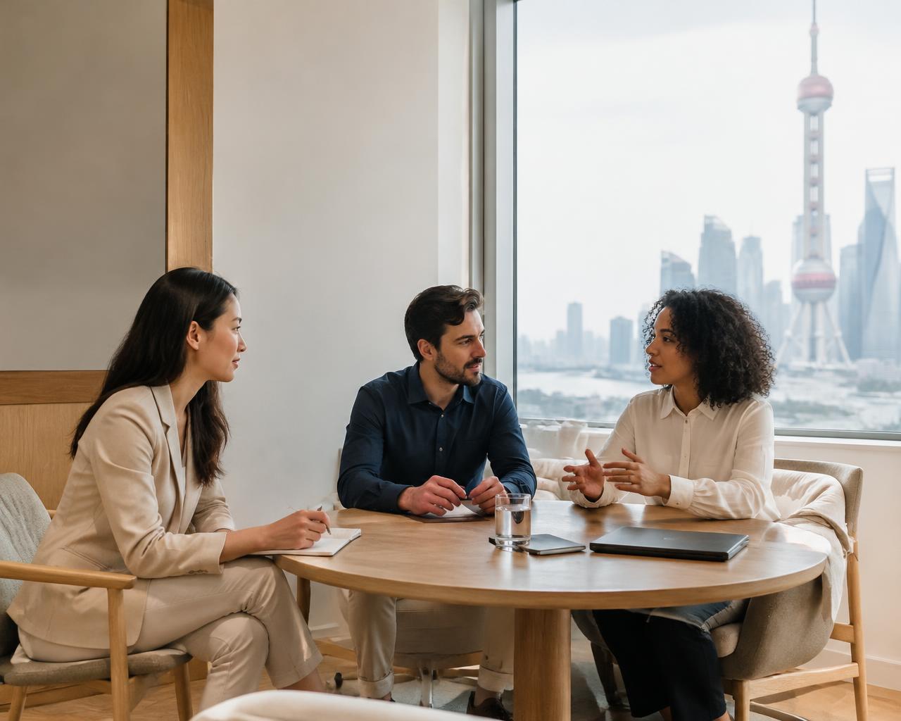 Colleagues in discussion in a bright meeting room overlooking Shanghai