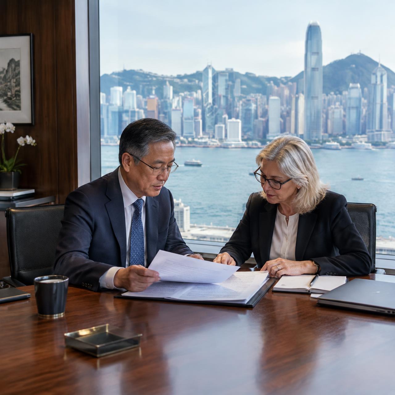 Two advisers reviewing a report above Victoria Harbour