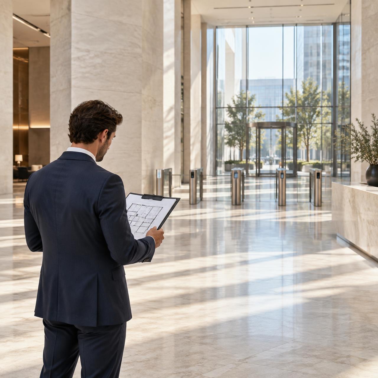 Executives walking through a bright stone corporate lobby