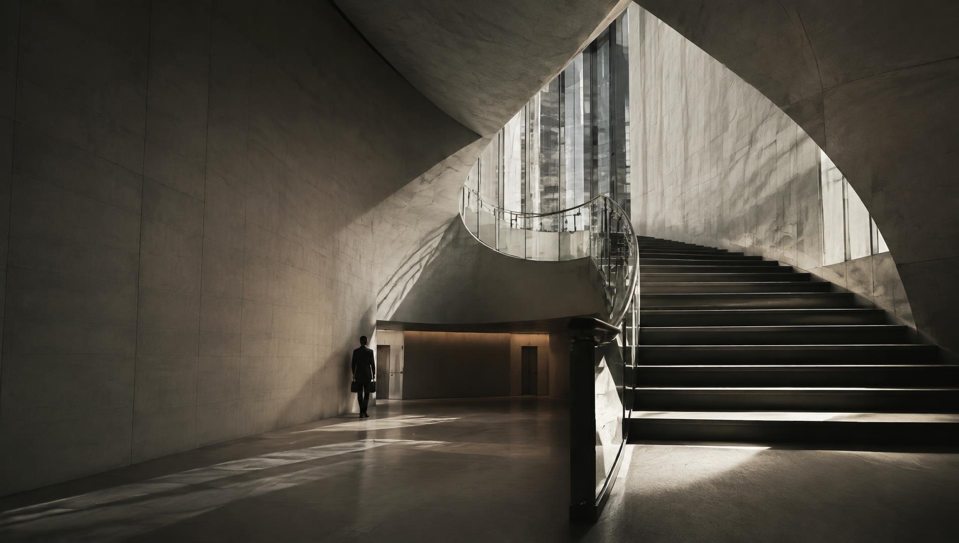 Sweeping stone stairwell with a lone executive in raking light
