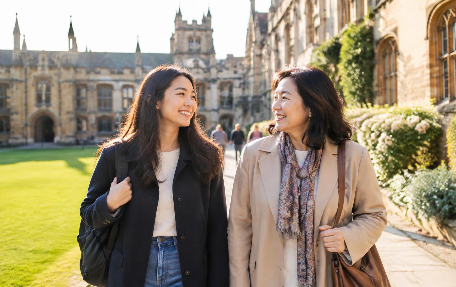A student and her mother walking through a sunlit university quadrangle