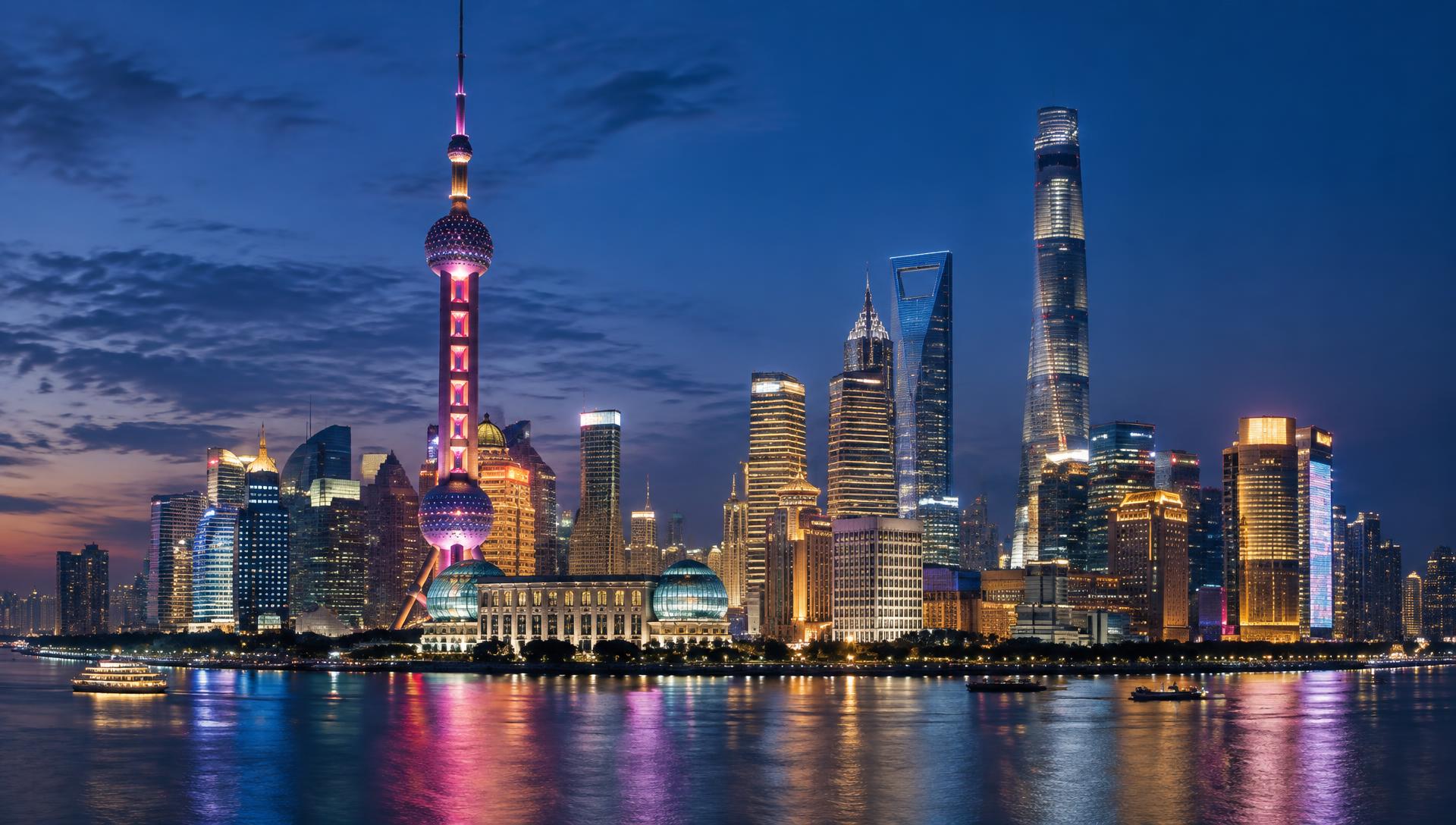 Shanghai Lujiazui skyline across the Huangpu River at blue hour
