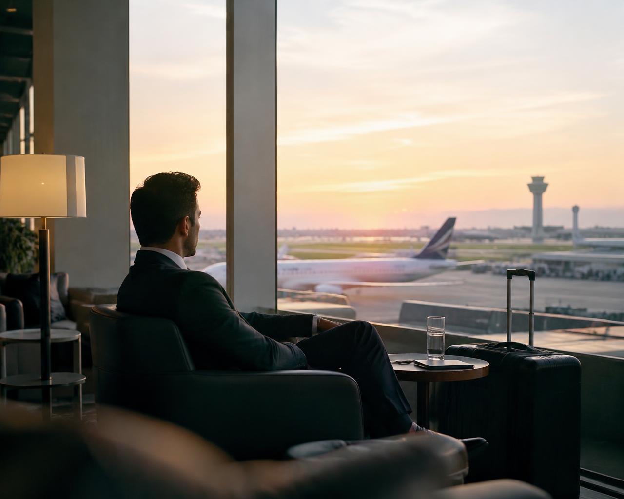 Traveller in an airport lounge at sunrise